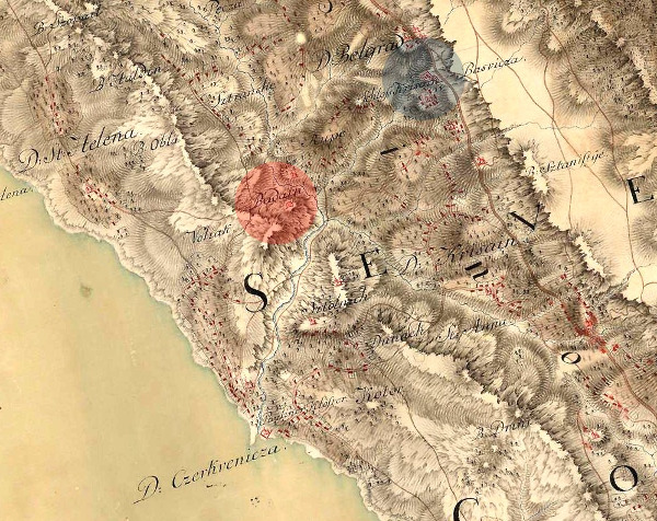 Utvrda Badanj na zemljovidu iz 1774_1775. godine označena je crvenom točkom, a plavom točkom utvrda Grižane (Krisan). (Foto: Tomislav Beronić)