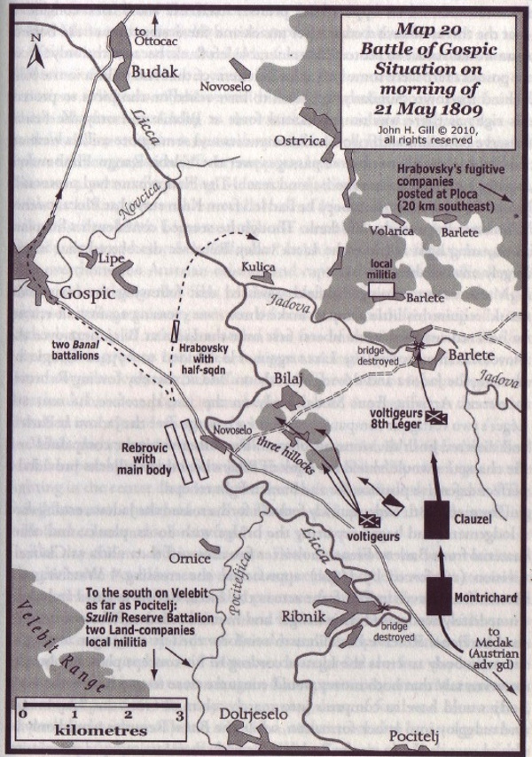 Raspored vojnih snaga sukobljenih strana u bitci kod Bilaja 21. svibnja 1809. godine (Izvor: Mihael Podnar)