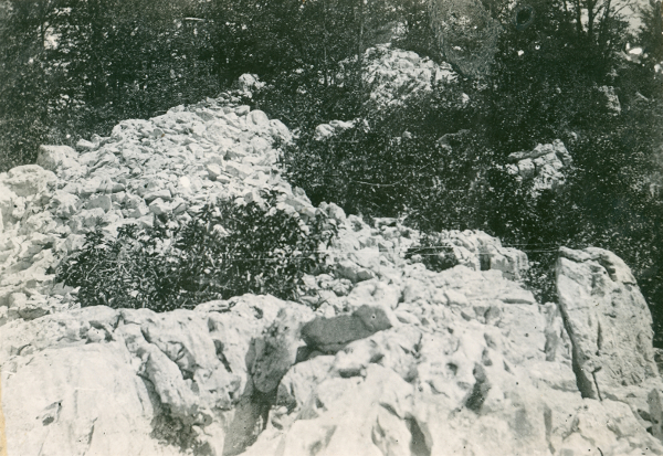 Dio kamenog bedema Gradine na Baćinovcu na snimci povjesničara i konzervatora Većeslava Henneberga od 16. kolovoza 1922. godine (Foto: Većeslav Henneberg; Izvor: Zbirka fotografske dokumentacije Ministrstva kulture i medija Republike Hrvatske (fototeka.min-kulture.hr))