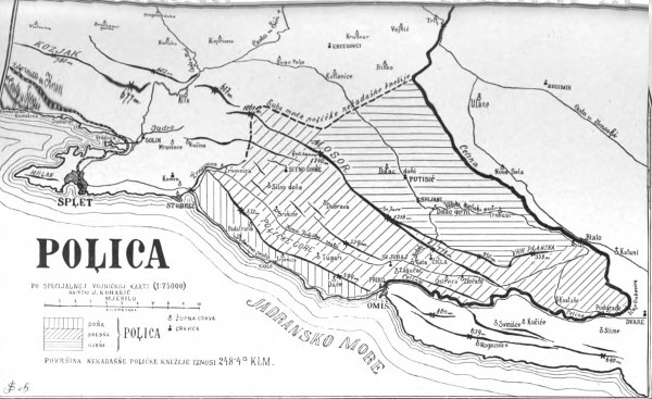 Zemljovid Poljica objavljen u okviru rada Frane Ivaniševića ”Polica - Narodni život i običaji” (Izvor:”Zbornik za narodni život i običaje južnih Slavena”, 1903.)
