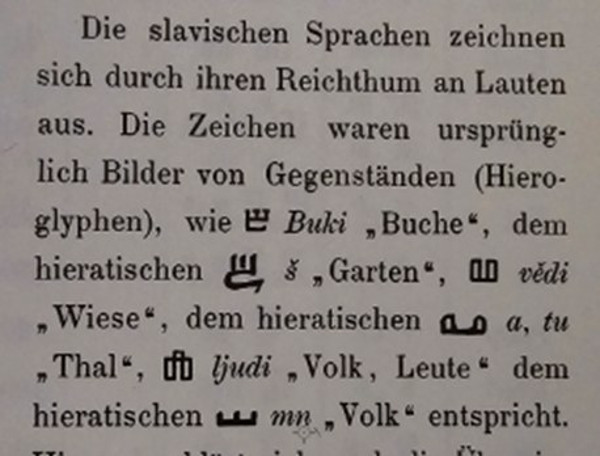 "Slavenski jezici odlikuju se bogatstvom glasova. Znakovi su izvorno bili slike predmeta (hijeroglifi), npr. BUKI (bukva), što odgovara hijeratskom vrtu ..." (Izvor: Carl Faulmann ”Schriftzeischen und Alphabete aller Zeiten und Völker”, 1880.)