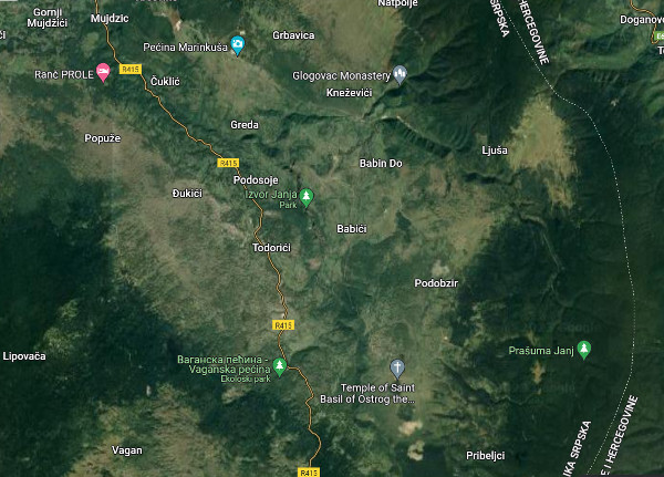 Područje Janjske doline (oblasti) između Šipova na sjeverozapadu i Kupresa na jugoistoku (Izvor: Google (google.com))