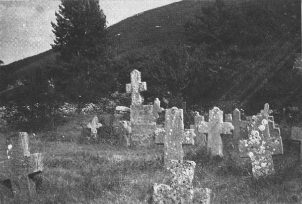 Velebna krstača na groblju kraj Gračaca (na snimci nastaloj prije 1962. godine) veličinom posve odudara od preostalih tamošnjih križeva (Izvor: ”Bulletin Zavoda za likovne umjetnosti Jugoslavenske akademije znanosti i umjetnosti” (Anđela Horvat ”Veliki monolit uz Otuču”; Foto: Ivo Delalle), 1974.)