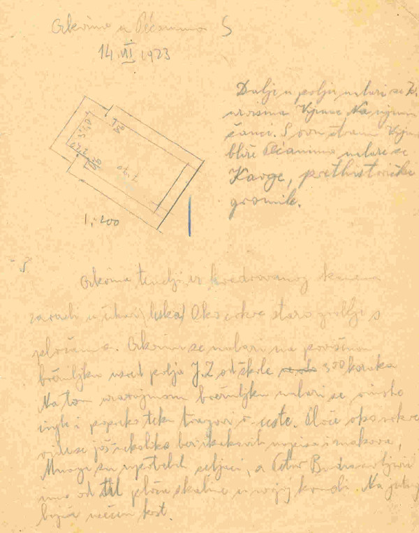 List ”Crkvina u Pećanima 14. VII 1923.” iz putnog dnevnika Većeslava Henneberga, s tlocrtnom skicom i izmjerom temeljnih ostataka crkve i rukopisnim izvještajem o provedenom istraživanju (Izvor: Ministarstvo kulture - Uprava za zaštitu kulturne baštine - ostavština Većeslava Henneberga (MK-UZKB-OVH))