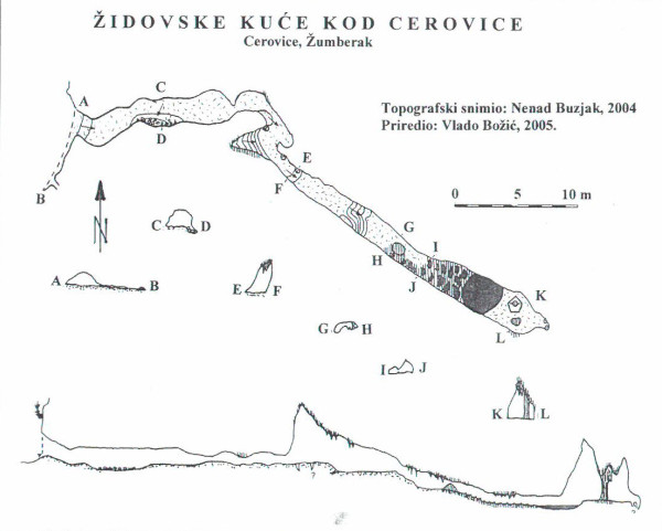 Tlocrt špilje Židovske kuće kod Cerovice (Izvor: ”Speleolog” (Vlado Božić ”Žumberačke špilje s obrambenim zidovima”), broj 57 iz 2009.)