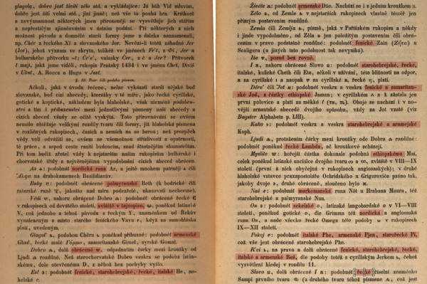 U istome poglavlju, st. 12 i 13, donosi svoje viđenje izvornosti glagoljskih znakova iz nordijskih, makromatskih i ratarskih runa, palamiranskog, armenskog, grčkog, feničkog, starohebrejskog, italskog, samaritanskog, etiopskog, sekelskog, numidskog i ćirilskog pisma, pa čak i nečega što naziva "tajnopisom". U doba pisanja te knjige Šafárik još uvijek pretpostavlja da je ćirilica starija od glagoljice, no to će izričito pobiti u drugoj knjizi. (vidi nastavak na sljedećoj slici).