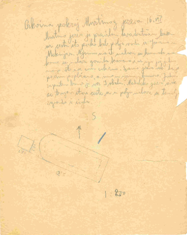List ”Crkvina pokraj Murtinog jezera 16. VII 1923.” iz putnog dnevnika Većeslava Henneberga (Izvor: Ministarstvo kulture - Uprava za zaštitu kulturne baštine - ostavština Većeslava Henneberga (MK-UZKB-OVH))