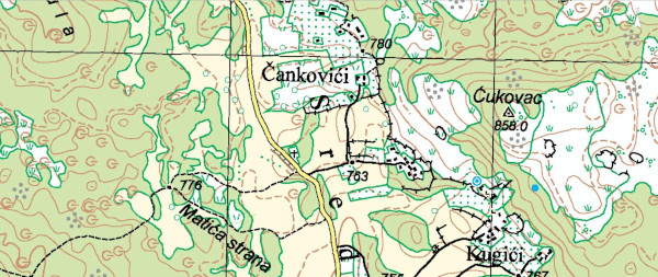 Na suvremenom zemljovidu položaj srednjogorske Crkvine istaknut je znakom križa (Izvor: Geoportal (geoportal.dgu.hr))