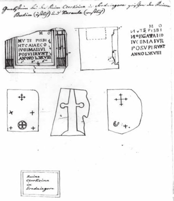 List iz rukopisa Mijata Sabljara ”Lika i Krbava”, posvećen dijelu kamenih spomenika koje je zatekao na Crkvini u Srednjoj Gori oko 1830. godine; svjedočanstvo o odavno uništenoj baštini (Izvor: ”Likams” (Tara Pivac Krpanić ”Život i djelovanje Mijata Sabljara u Lici - spašavanje ličke kulturne baštine u 19. stoljeću”), 2020.)
