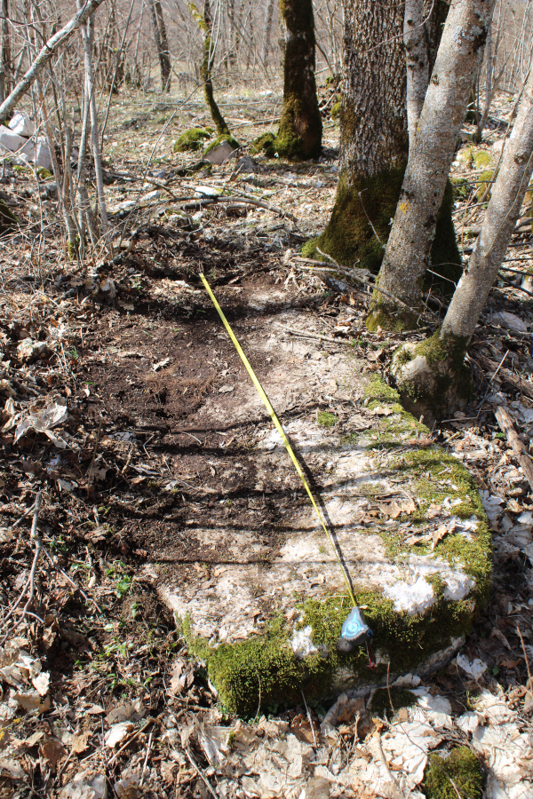 Jugoistočno od nekadašnje crkvene lađe leži velika ploča, možda čak sanduk, dugačka 210 centimetara (Foto: Goran Majetić)