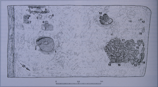Crtež groba 6 u kneževskom tumulu 139 na Budinjačkom polju s prikazom pronađenih grobnih priloga (Izvor: Želimir Škoberne ”Budinjak - Kneževski tumul” (monografija), 1999.)
