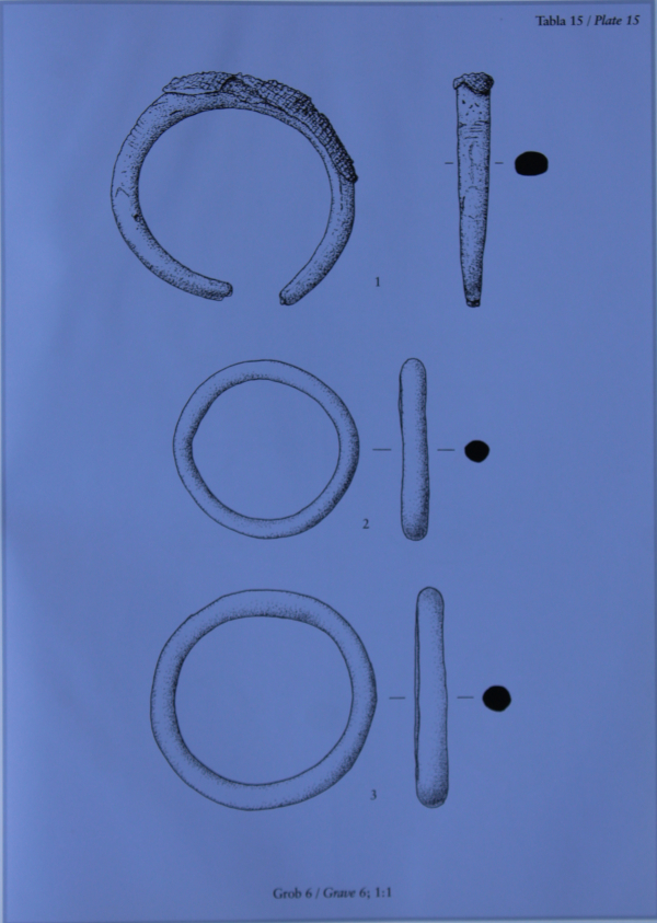 Ženske željezne narukvice okruglog presjeka iz groba 6 u kneževskom tumulu 139, od kojih najveća ima promjer 7,7 centimetara (Izvor: Želimir Škoberne ”Budinjak – Kneževski tumul” (monografija), 1999.)