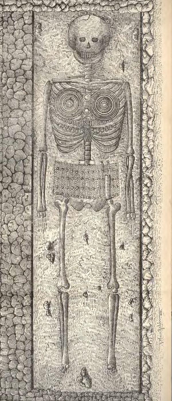 Divovska kopča za odjeću, duga 31 centimetar, iz Prozora nedaleko Otočca u Lici, položena na grudi pokojnika (Izvor: Šime Ljubić (urednik) ”Popis arkeologičkoga odjela Nar. zem. muzeja u Zagrebu ...”, 1889.)