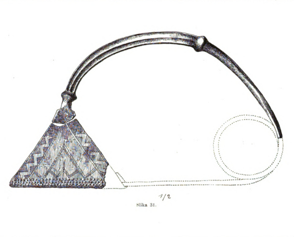 Divovska kopča za odjeću, duga 32 centimetra, iz Ivanjske nedaleko Banja Luke (Izvor: ”Glasnik Zemaljskog muzeja u Bosni i Hercegovini” (Václav Radimský ”Golema fibula iz Ivanjske kod Banjaluke u Bosni”), 1893.)
