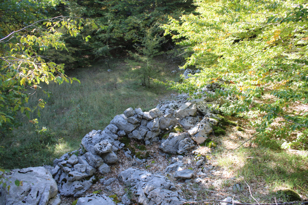 Mala zaravan podno trojstva kamenih greda, oivčena suhozidima građenim i od vrlo velikog kamenja (Foto: Goran Majetić)